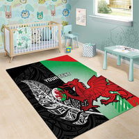 New Zealand and Wales Rugby Custom Area Rug Aotearoa All Black Combine Welsh Dragon - Polynesian Pride