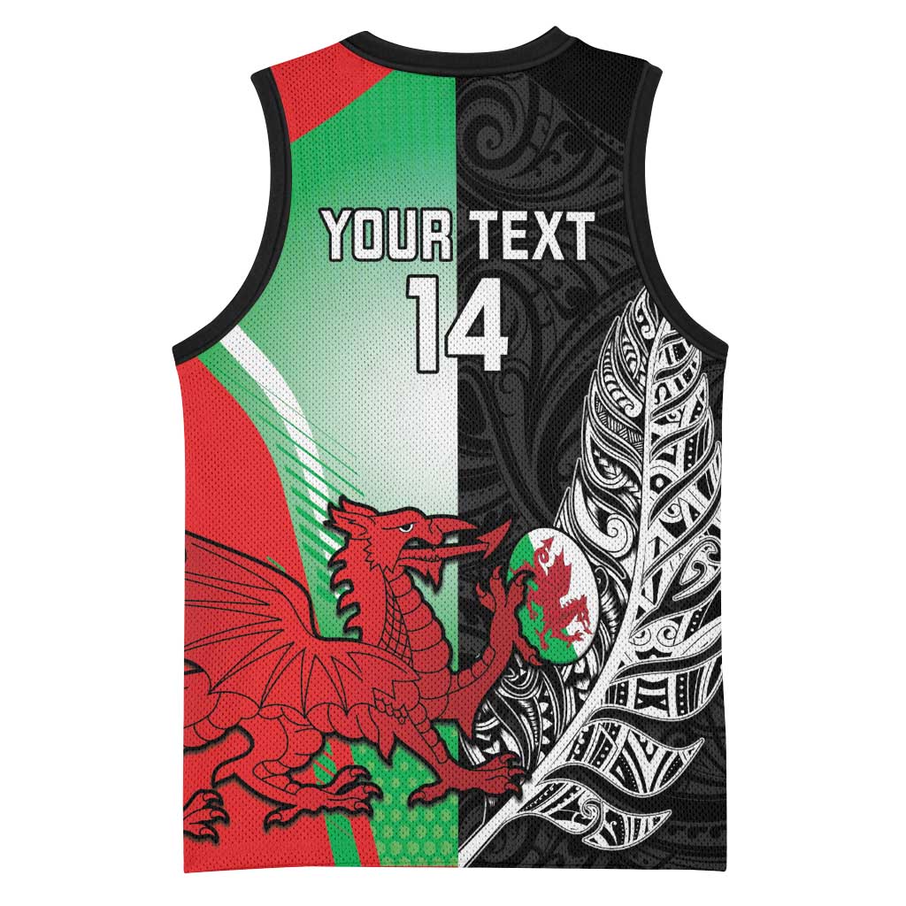 New Zealand and Wales Rugby Custom Basketball Jersey Aotearoa All Black Combine Welsh Dragon - Polynesian Pride
