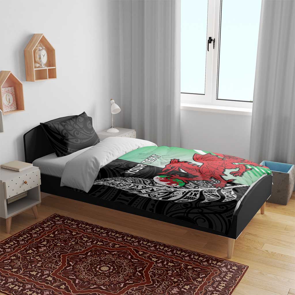 New Zealand and Wales Rugby Custom Bedding Set Aotearoa All Black Combine Welsh Dragon - Polynesian Pride