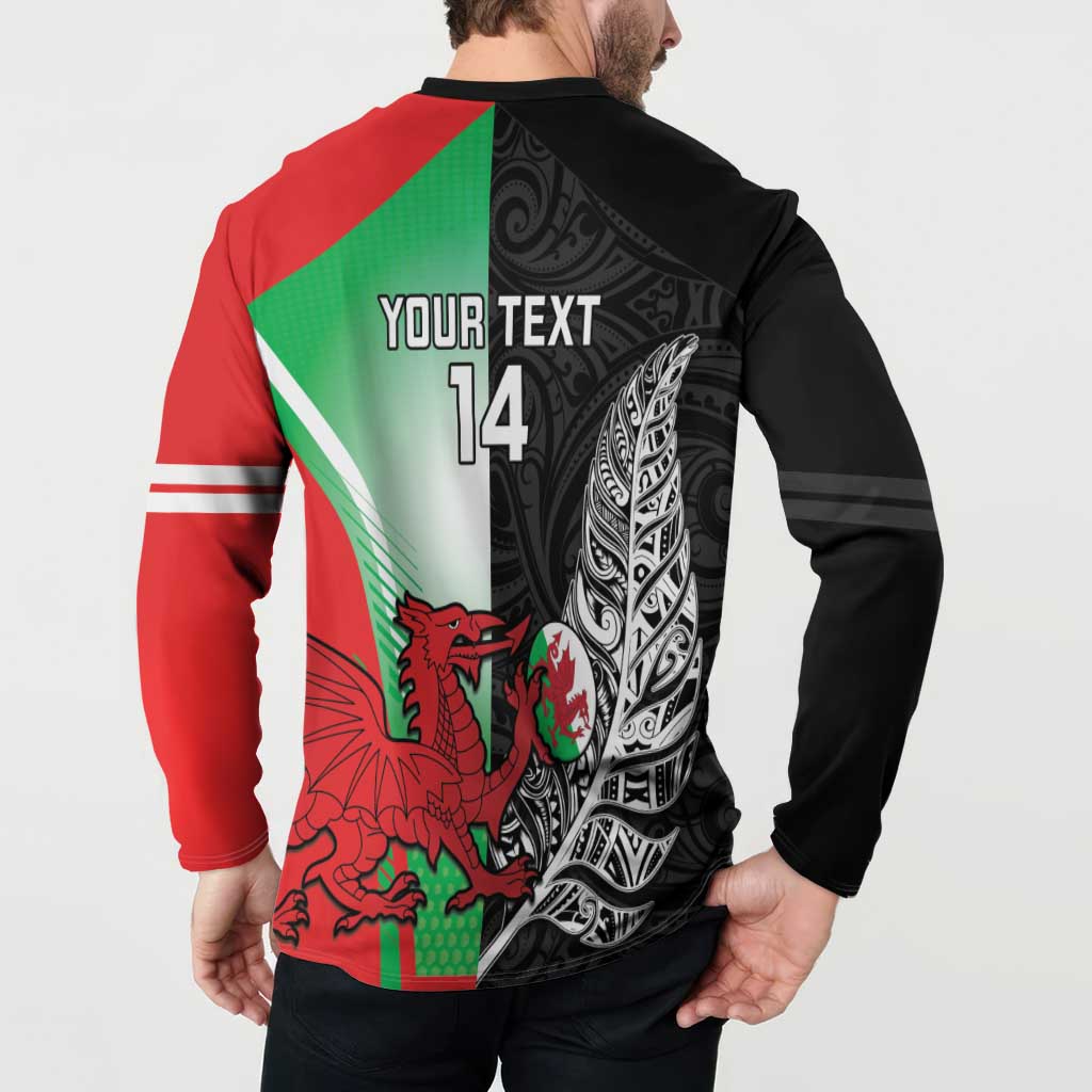 New Zealand and Wales Rugby Custom Button Sweatshirt Aotearoa All Black Combine Welsh Dragon - Polynesian Pride
