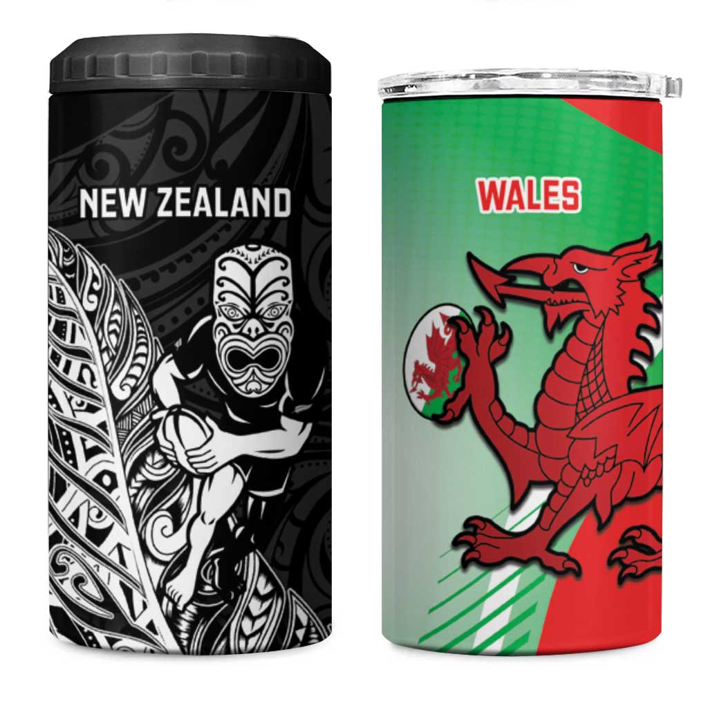 New Zealand and Wales Rugby Custom 4 in 1 Can Cooler Tumbler Aotearoa All Black Combine Welsh Dragon - Polynesian Pride