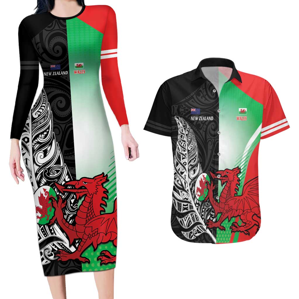 New Zealand and Wales Rugby Custom Couples Matching Long Sleeve Bodycon Dress and Hawaiian Shirt Aotearoa All Black Combine Welsh Dragon - Polynesian Pride