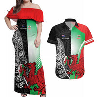New Zealand and Wales Rugby Custom Couples Matching Off Shoulder Maxi Dress and Hawaiian Shirt Aotearoa All Black Combine Welsh Dragon LT14 Black - Polynesian Pride
