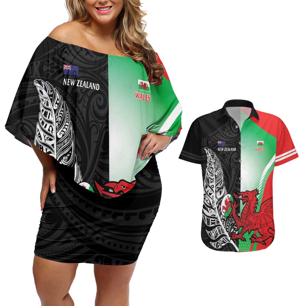 New Zealand and Wales Rugby Custom Couples Matching Off Shoulder Short Dress and Hawaiian Shirt Aotearoa All Black Combine Welsh Dragon LT14 Black - Polynesian Pride