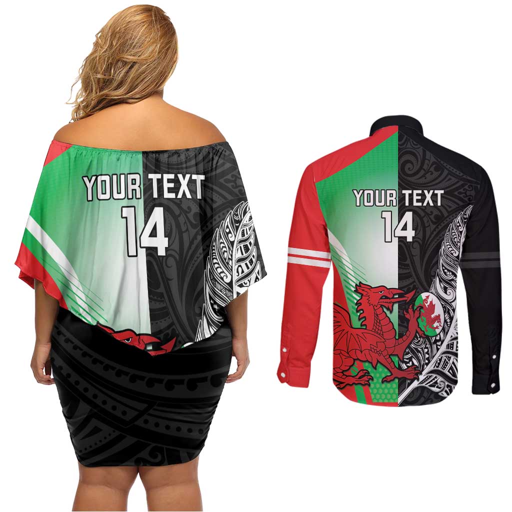 New Zealand and Wales Rugby Custom Couples Matching Off Shoulder Short Dress and Long Sleeve Button Shirt Aotearoa All Black Combine Welsh Dragon LT14 - Polynesian Pride