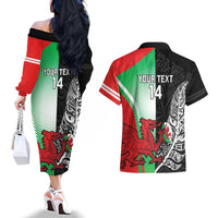 New Zealand and Wales Rugby Custom Couples Matching Off The Shoulder Long Sleeve Dress and Hawaiian Shirt Aotearoa All Black Combine Welsh Dragon LT14 - Polynesian Pride