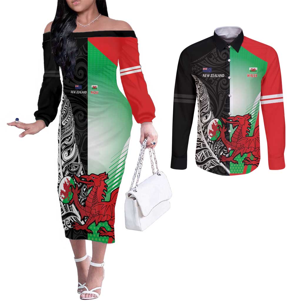 New Zealand and Wales Rugby Custom Couples Matching Off The Shoulder Long Sleeve Dress and Long Sleeve Button Shirt Aotearoa All Black Combine Welsh Dragon - Polynesian Pride