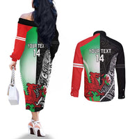 New Zealand and Wales Rugby Custom Couples Matching Off The Shoulder Long Sleeve Dress and Long Sleeve Button Shirt Aotearoa All Black Combine Welsh Dragon - Polynesian Pride