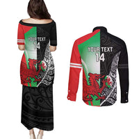 New Zealand and Wales Rugby Custom Couples Matching Puletasi and Long Sleeve Button Shirt Aotearoa All Black Combine Welsh Dragon - Polynesian Pride