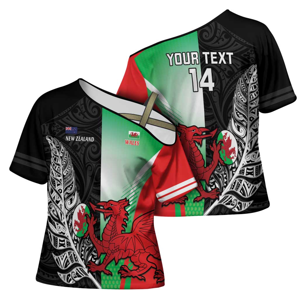 New Zealand and Wales Rugby Custom Cross Shoulder Shirt Aotearoa All Black Combine Welsh Dragon - Polynesian Pride