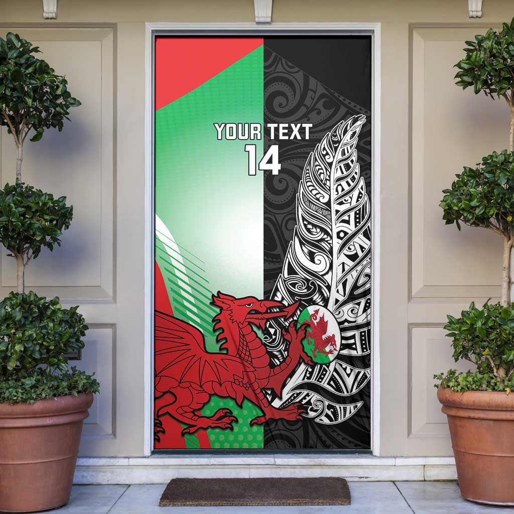 New Zealand and Wales Rugby Custom Door Cover Aotearoa All Black Combine Welsh Dragon LT14 Black - Polynesian Pride