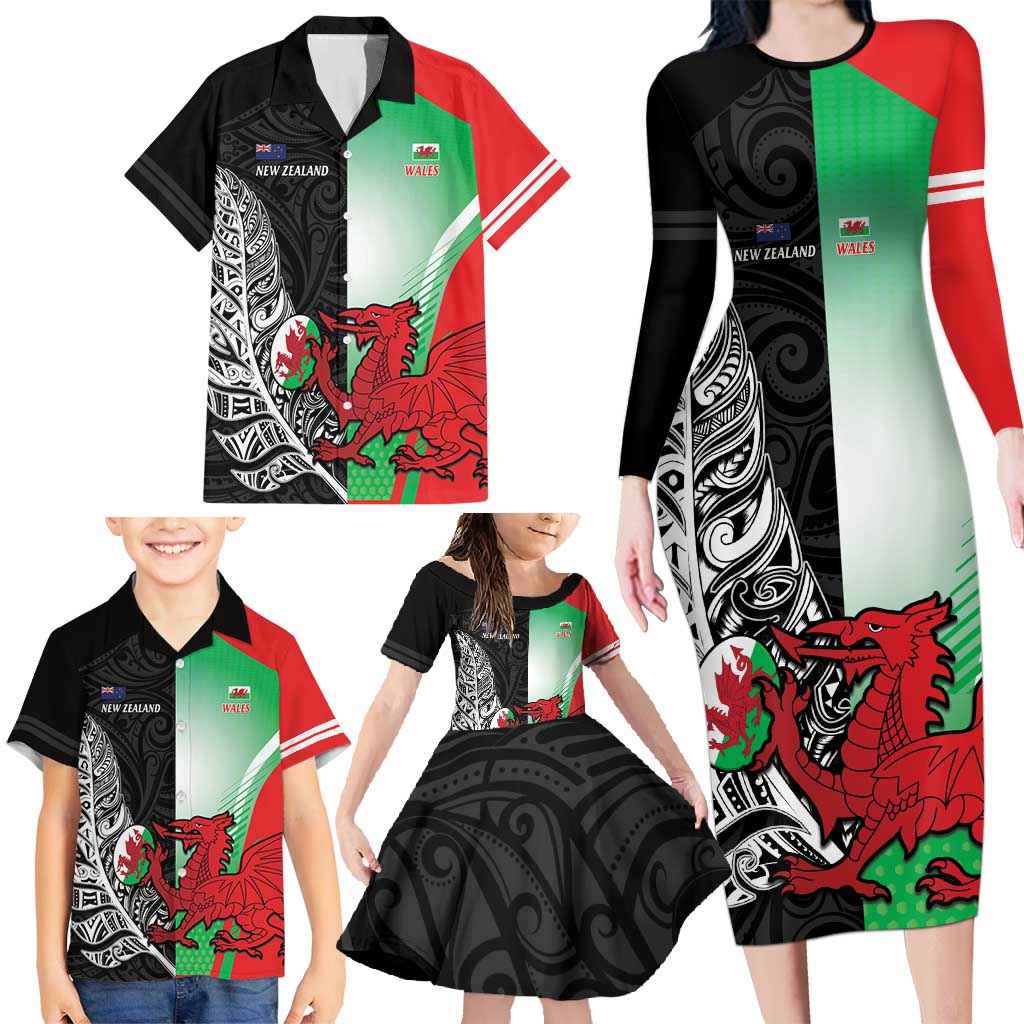 New Zealand and Wales Rugby Custom Family Matching Long Sleeve Bodycon Dress and Hawaiian Shirt Aotearoa All Black Combine Welsh Dragon LT14 - Polynesian Pride