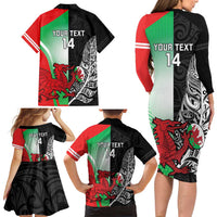 New Zealand and Wales Rugby Custom Family Matching Long Sleeve Bodycon Dress and Hawaiian Shirt Aotearoa All Black Combine Welsh Dragon LT14 - Polynesian Pride