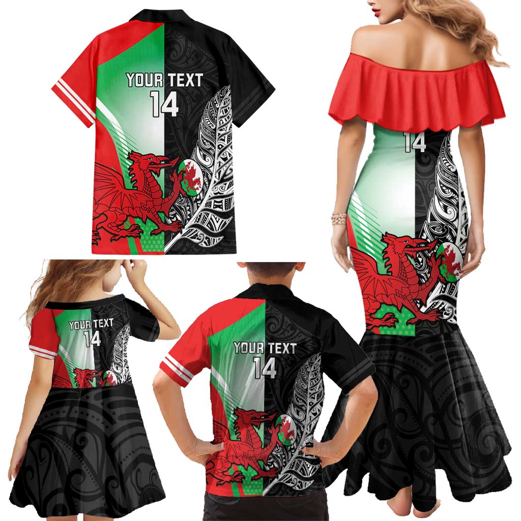 New Zealand and Wales Rugby Custom Family Matching Mermaid Dress and Hawaiian Shirt Aotearoa All Black Combine Welsh Dragon LT14 - Polynesian Pride