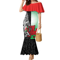 New Zealand and Wales Rugby Custom Family Matching Mermaid Dress and Hawaiian Shirt Aotearoa All Black Combine Welsh Dragon LT14 Mom's Dress Black - Polynesian Pride
