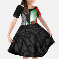 New Zealand and Wales Rugby Custom Family Matching Off The Shoulder Long Sleeve Dress and Hawaiian Shirt Aotearoa All Black Combine Welsh Dragon LT14 Daughter's Dress Black - Polynesian Pride