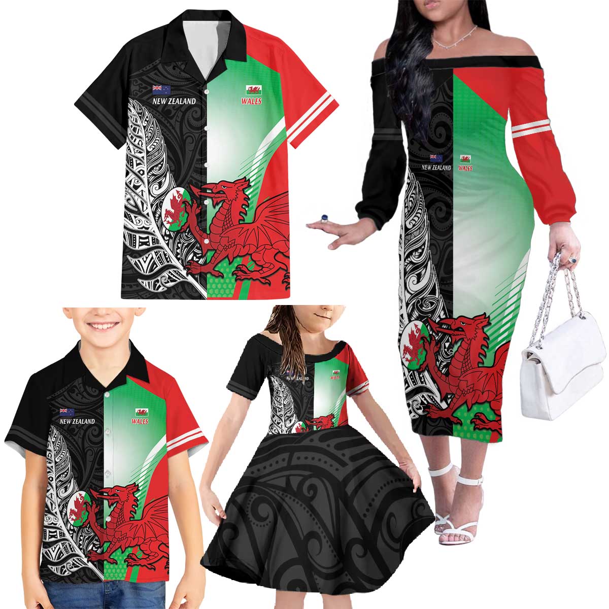 New Zealand and Wales Rugby Custom Family Matching Off The Shoulder Long Sleeve Dress and Hawaiian Shirt Aotearoa All Black Combine Welsh Dragon LT14 - Polynesian Pride