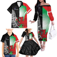 New Zealand and Wales Rugby Custom Family Matching Off The Shoulder Long Sleeve Dress and Hawaiian Shirt Aotearoa All Black Combine Welsh Dragon LT14 - Polynesian Pride
