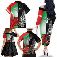 New Zealand and Wales Rugby Custom Family Matching Off The Shoulder Long Sleeve Dress and Hawaiian Shirt Aotearoa All Black Combine Welsh Dragon LT14 - Polynesian Pride