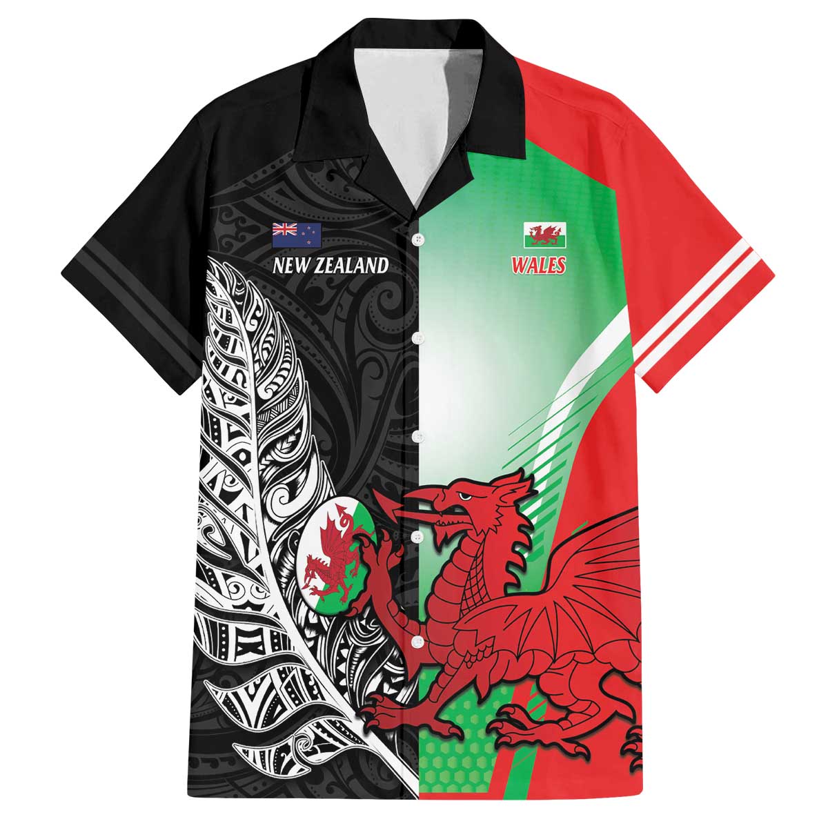New Zealand and Wales Rugby Custom Family Matching Off The Shoulder Long Sleeve Dress and Hawaiian Shirt Aotearoa All Black Combine Welsh Dragon LT14 Dad's Shirt - Short Sleeve Black - Polynesian Pride