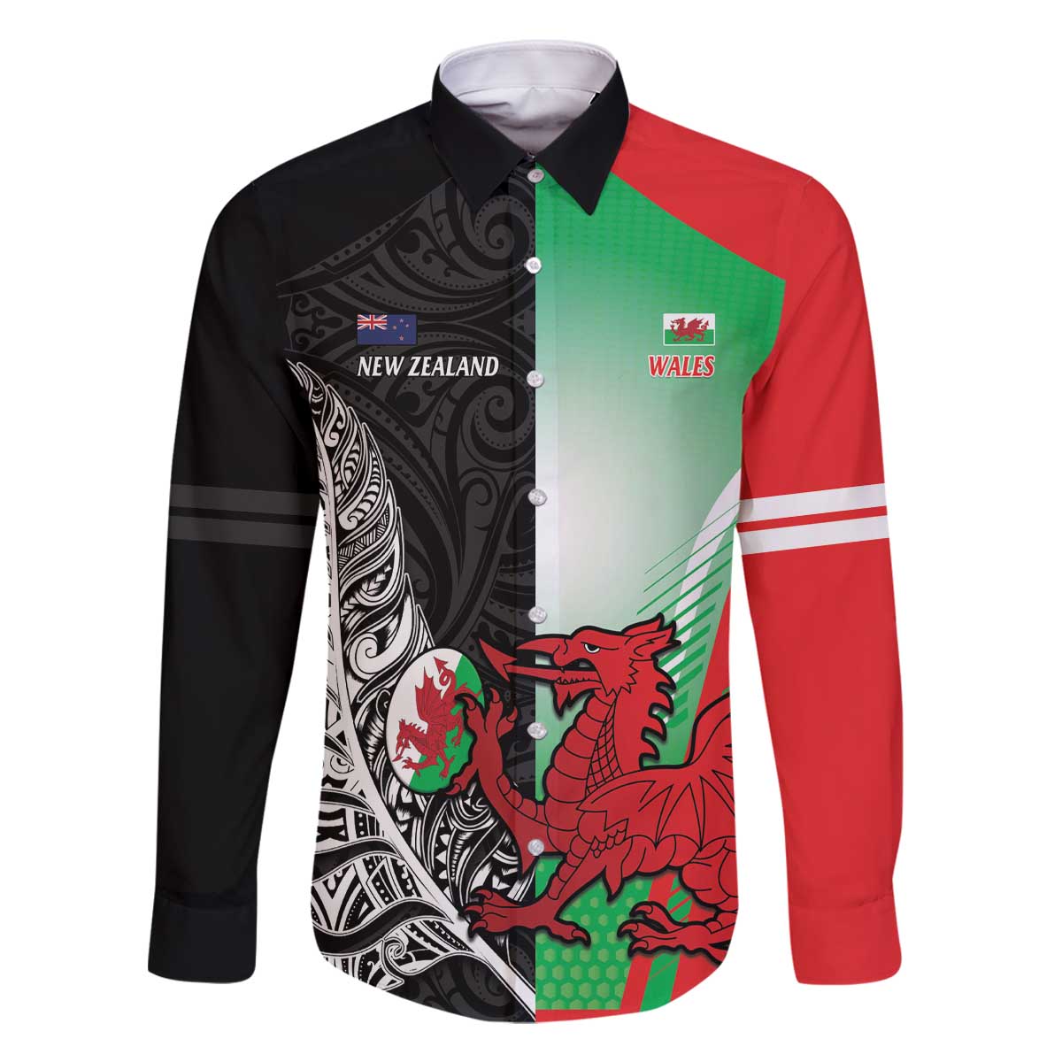 New Zealand and Wales Rugby Custom Family Matching Off The Shoulder Long Sleeve Dress and Hawaiian Shirt Aotearoa All Black Combine Welsh Dragon LT14 Dad's Shirt - Long Sleeve Black - Polynesian Pride