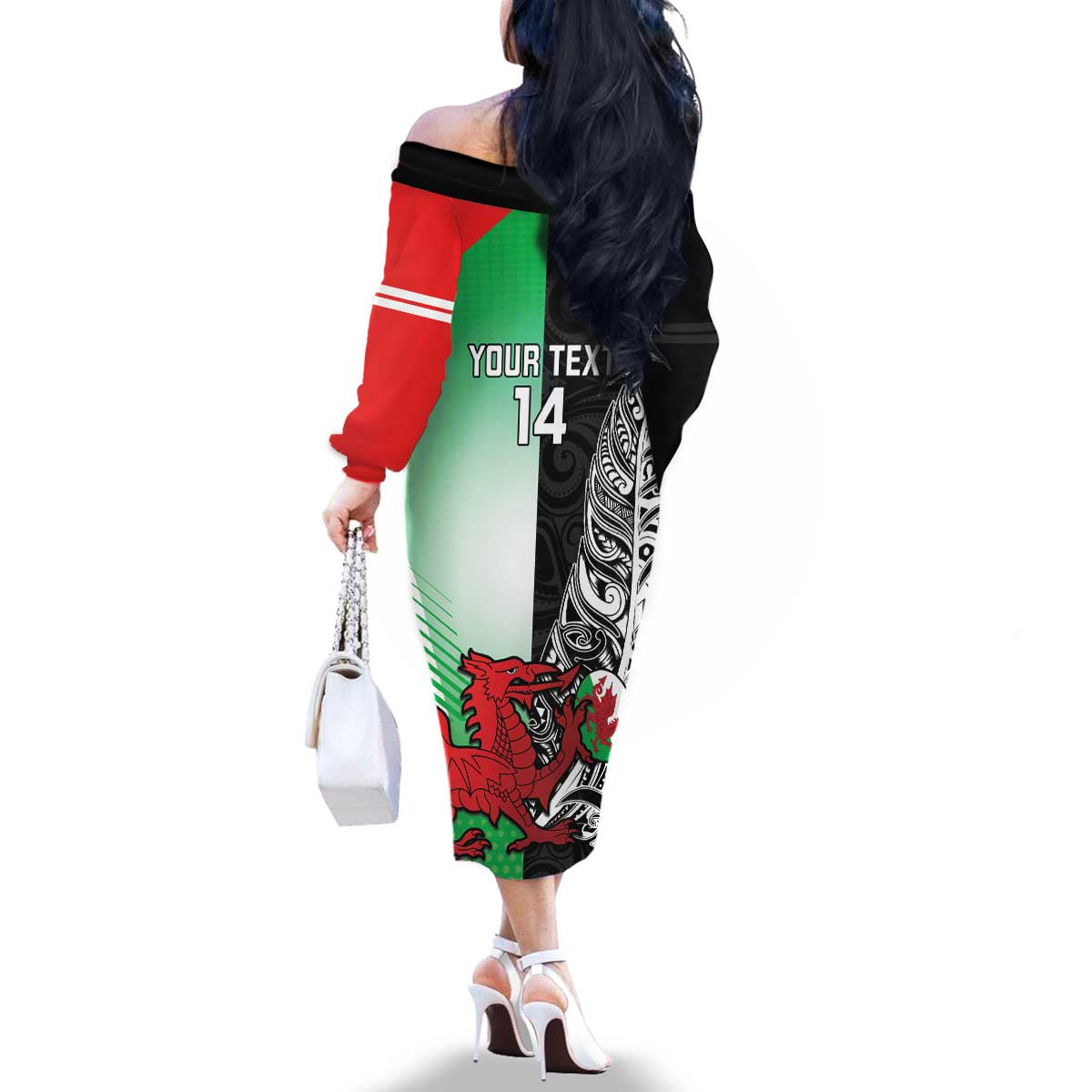 New Zealand and Wales Rugby Custom Family Matching Off The Shoulder Long Sleeve Dress and Hawaiian Shirt Aotearoa All Black Combine Welsh Dragon LT14 - Polynesian Pride