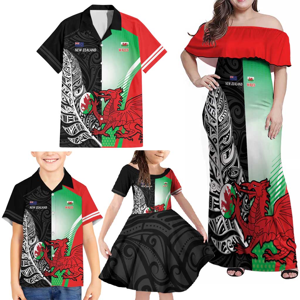 New Zealand and Wales Rugby Custom Family Matching Off Shoulder Maxi Dress and Hawaiian Shirt Aotearoa All Black Combine Welsh Dragon - Polynesian Pride