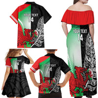 New Zealand and Wales Rugby Custom Family Matching Off Shoulder Maxi Dress and Hawaiian Shirt Aotearoa All Black Combine Welsh Dragon LT14 - Polynesian Pride
