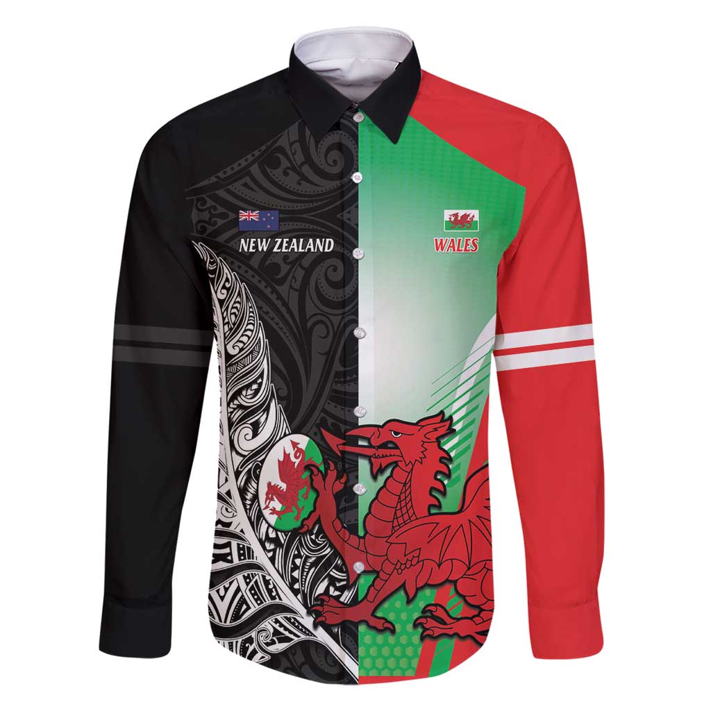 New Zealand and Wales Rugby Custom Family Matching Off Shoulder Maxi Dress and Hawaiian Shirt Aotearoa All Black Combine Welsh Dragon LT14 Dad's Shirt - Long Sleeve Black - Polynesian Pride