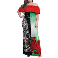 New Zealand and Wales Rugby Custom Family Matching Off Shoulder Maxi Dress and Hawaiian Shirt Aotearoa All Black Combine Welsh Dragon LT14 Mom's Dress Black - Polynesian Pride