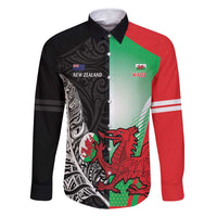New Zealand and Wales Rugby Custom Family Matching Off Shoulder Short Dress and Hawaiian Shirt Aotearoa All Black Combine Welsh Dragon LT14 Dad's Shirt - Long Sleeve Black - Polynesian Pride