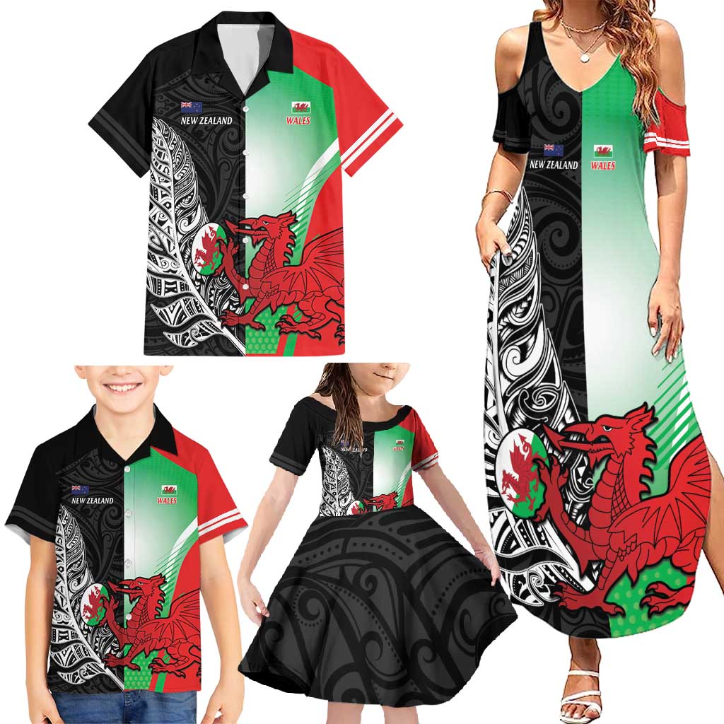 New Zealand and Wales Rugby Custom Family Matching Summer Maxi Dress and Hawaiian Shirt Aotearoa All Black Combine Welsh Dragon LT14 - Polynesian Pride