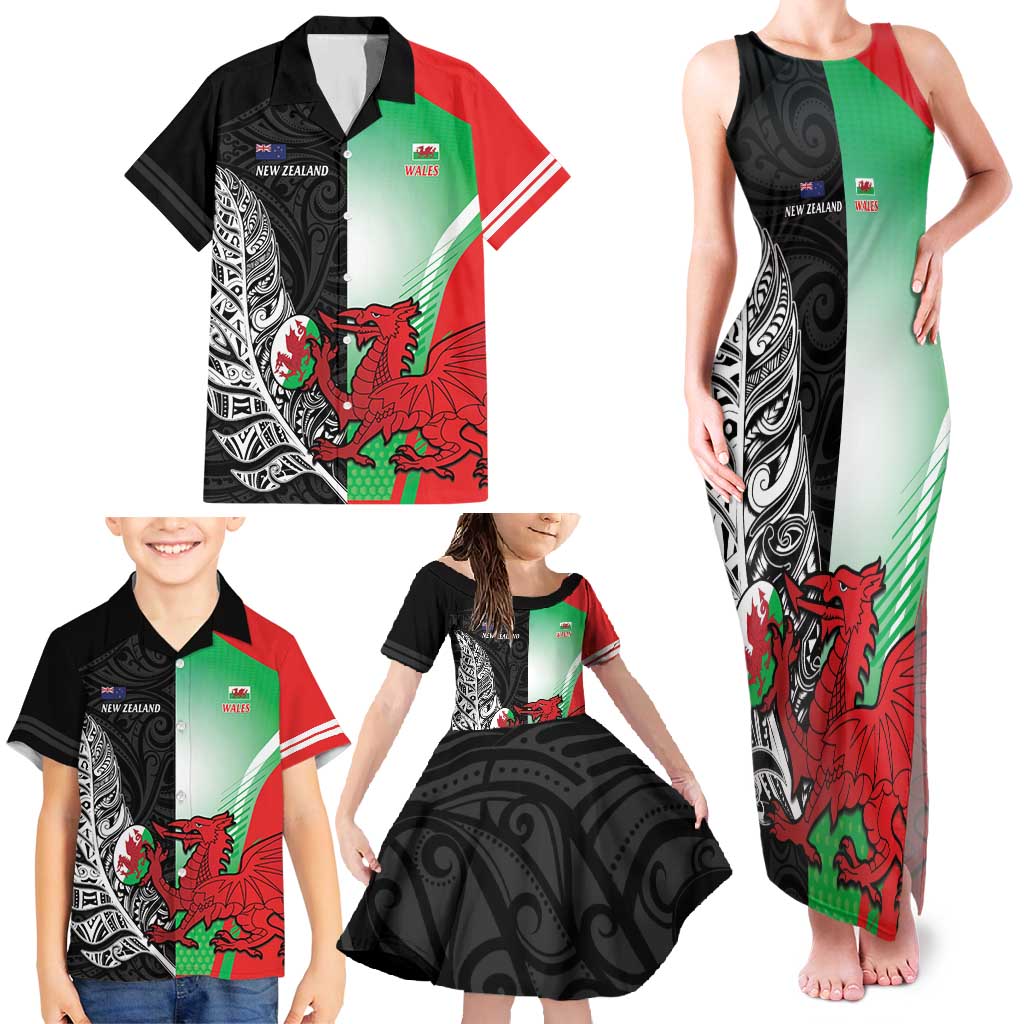 New Zealand and Wales Rugby Custom Family Matching Tank Maxi Dress and Hawaiian Shirt Aotearoa All Black Combine Welsh Dragon - Polynesian Pride