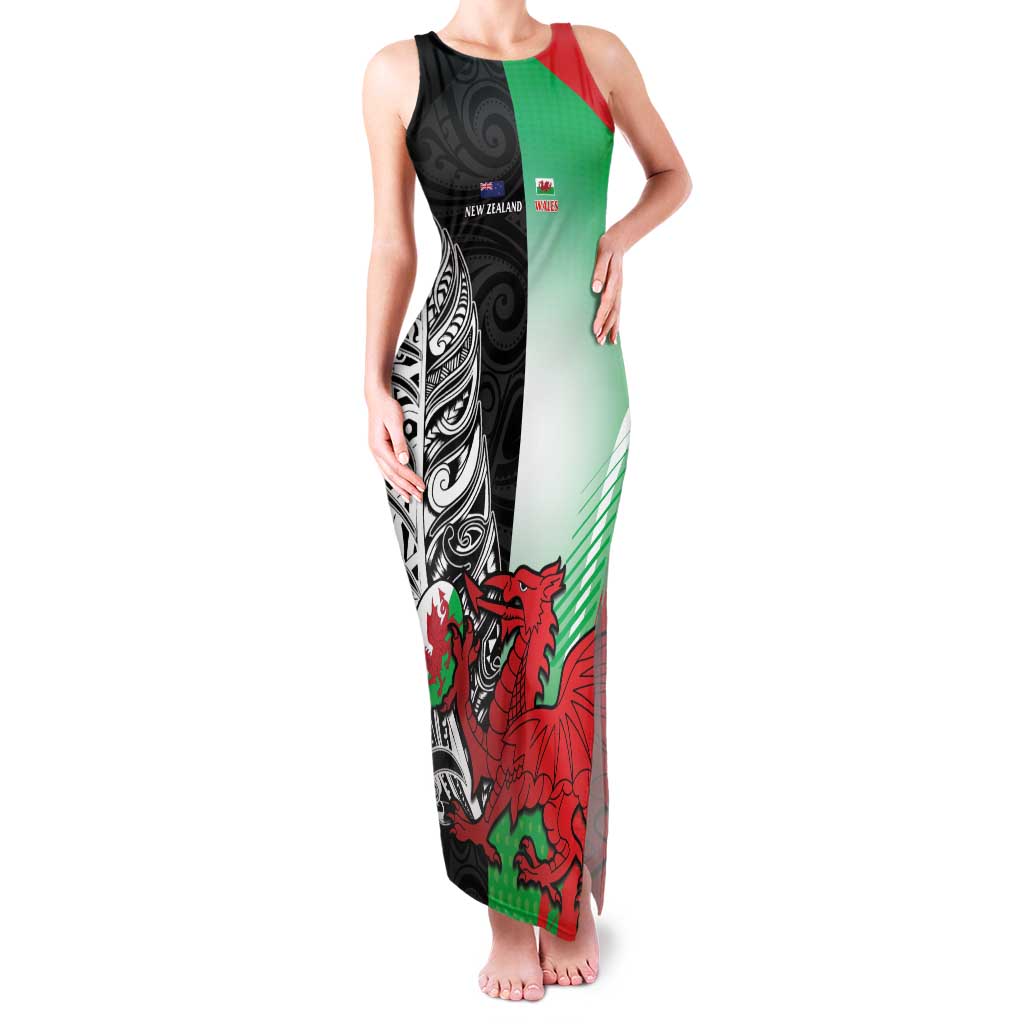 New Zealand and Wales Rugby Custom Family Matching Tank Maxi Dress and Hawaiian Shirt Aotearoa All Black Combine Welsh Dragon LT14 Mom's Dress Black - Polynesian Pride