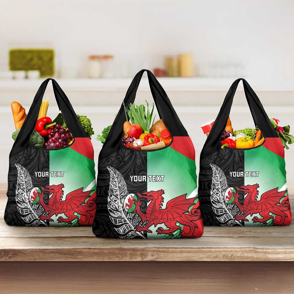 New Zealand and Wales Rugby Custom Grocery Bag Aotearoa All Black Combine Welsh Dragon LT14 3-pack One Size Black - Polynesian Pride