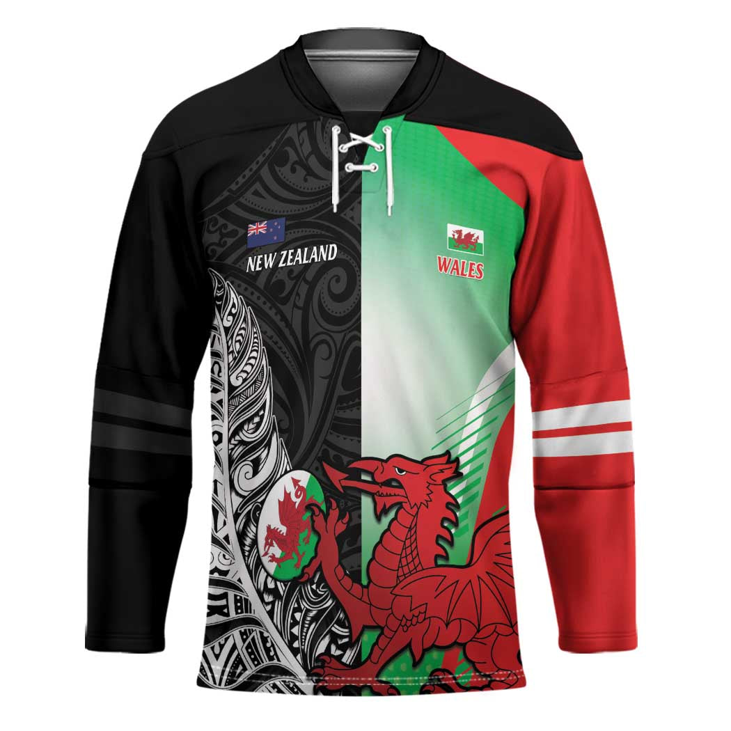 New Zealand and Wales Rugby Custom Hockey Jersey Aotearoa All Black Combine Welsh Dragon LT14 Unisex Black - Polynesian Pride