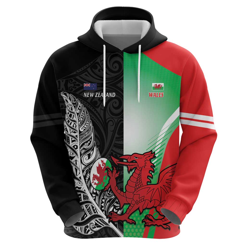 New Zealand and Wales Rugby Custom Hoodie Aotearoa All Black Combine Welsh Dragon - Polynesian Pride