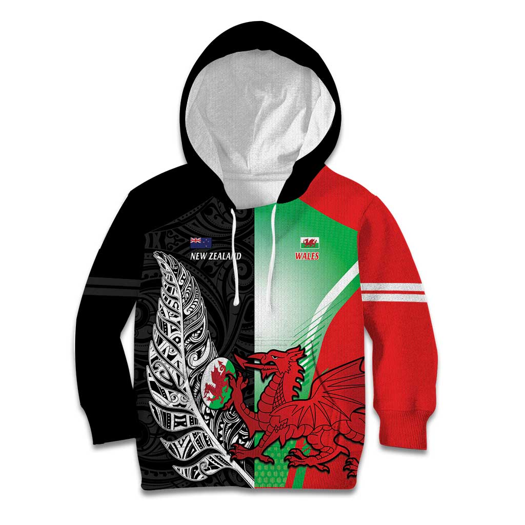New Zealand and Wales Rugby Custom Kid Hoodie Aotearoa All Black Combine Welsh Dragon LT14 Hoodie Black - Polynesian Pride