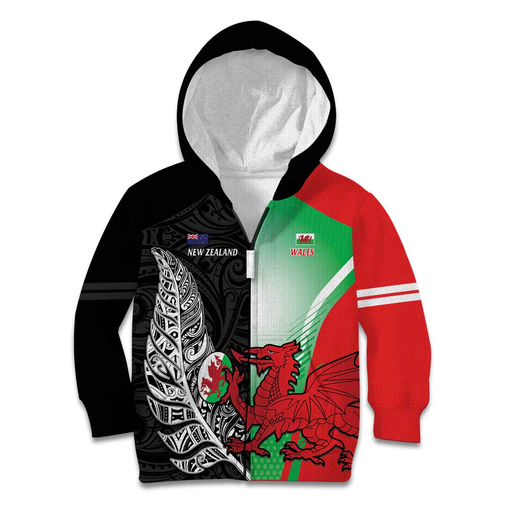 New Zealand and Wales Rugby Custom Kid Hoodie Aotearoa All Black Combine Welsh Dragon LT14 Zip Hoodie Black - Polynesian Pride
