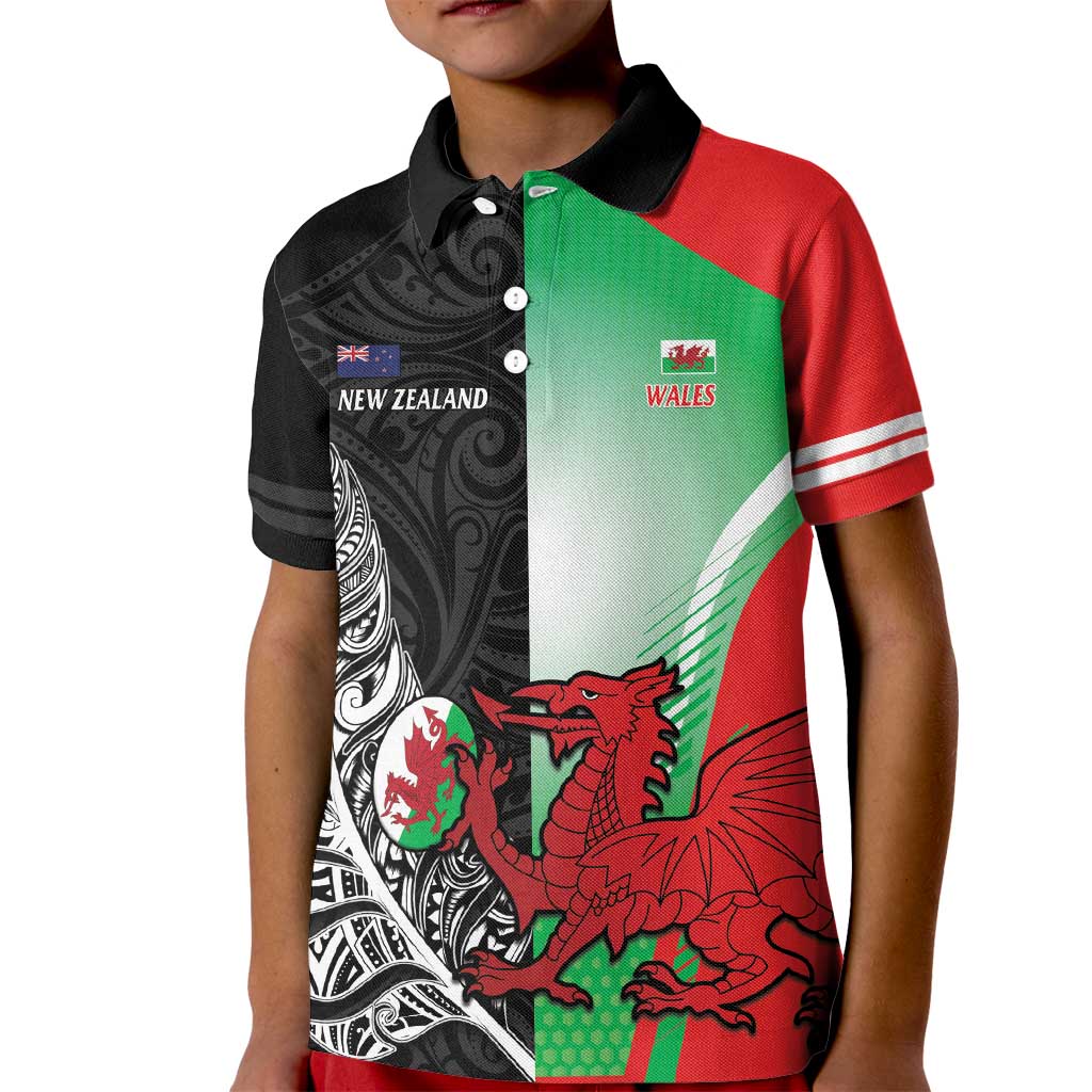 New Zealand and Wales Rugby Custom Kid Polo Shirt Aotearoa All Black Combine Welsh Dragon LT14 Kid Black - Polynesian Pride