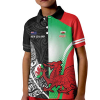 New Zealand and Wales Rugby Custom Kid Polo Shirt Aotearoa All Black Combine Welsh Dragon LT14 Kid Black - Polynesian Pride