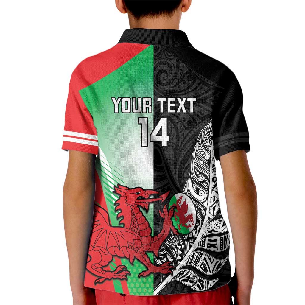 New Zealand and Wales Rugby Custom Kid Polo Shirt Aotearoa All Black Combine Welsh Dragon LT14 - Polynesian Pride
