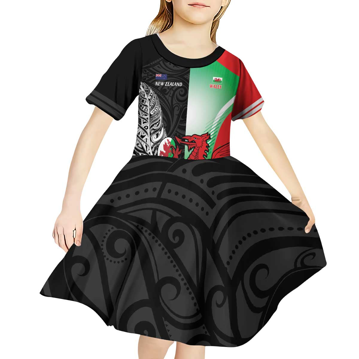 New Zealand and Wales Rugby Custom Kid Short Sleeve Dress Aotearoa All Black Combine Welsh Dragon LT14 - Polynesian Pride