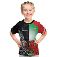 New Zealand and Wales Rugby Custom Kid T Shirt Aotearoa All Black Combine Welsh Dragon LT14 Black - Polynesian Pride