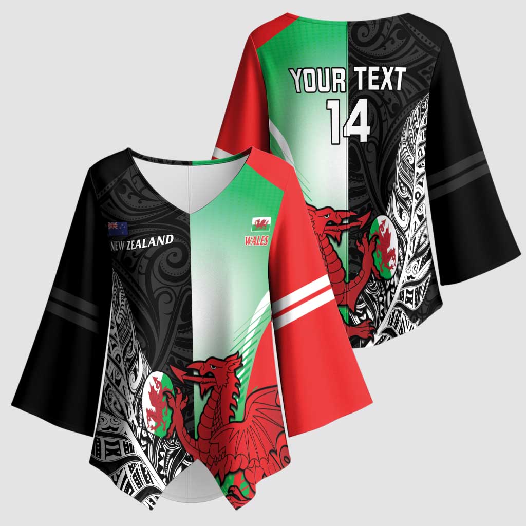 New Zealand and Wales Rugby Custom Kimono Sleeve Blouse Aotearoa All Black Combine Welsh Dragon LT14 - Polynesian Pride