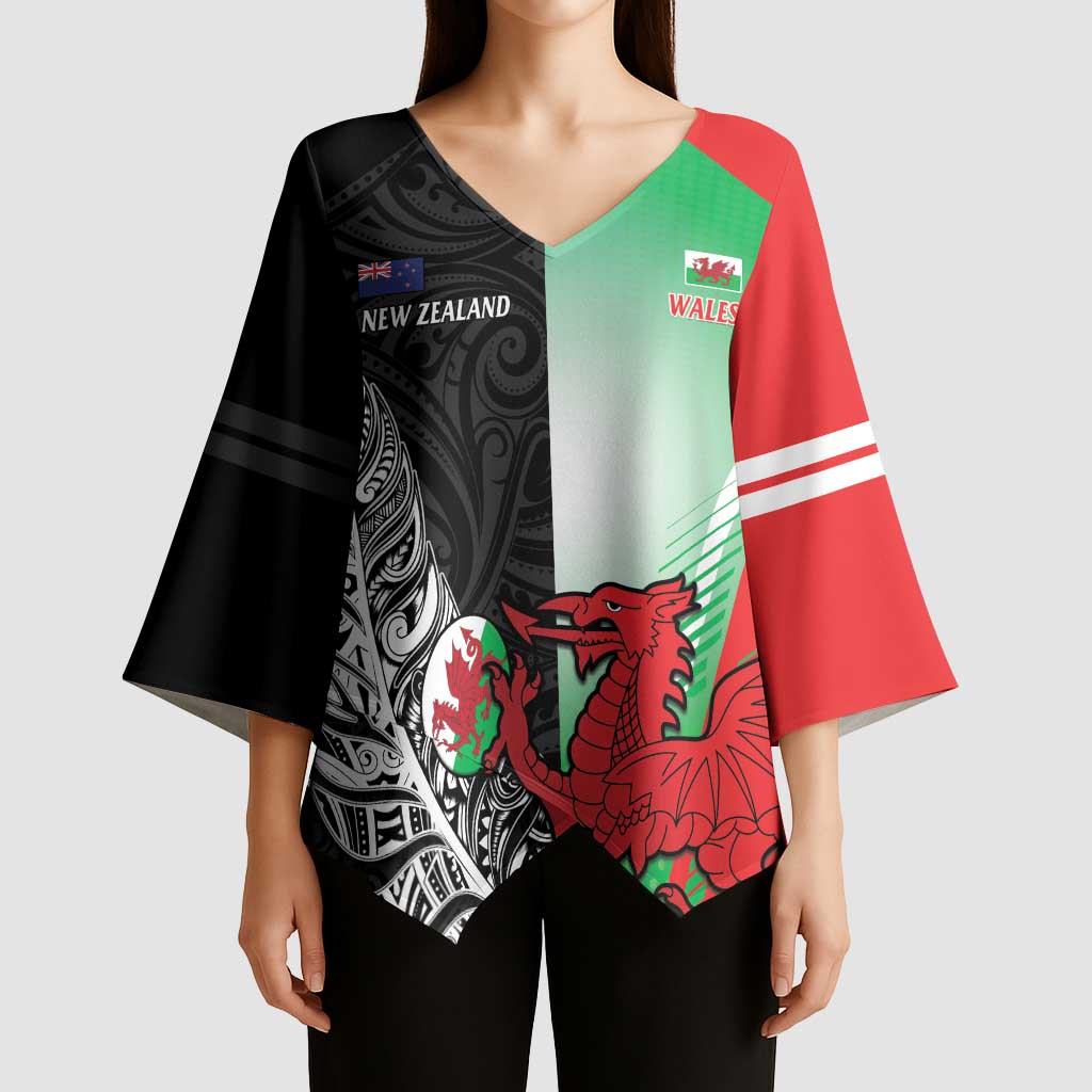 New Zealand and Wales Rugby Custom Kimono Sleeve Blouse Aotearoa All Black Combine Welsh Dragon LT14 - Polynesian Pride