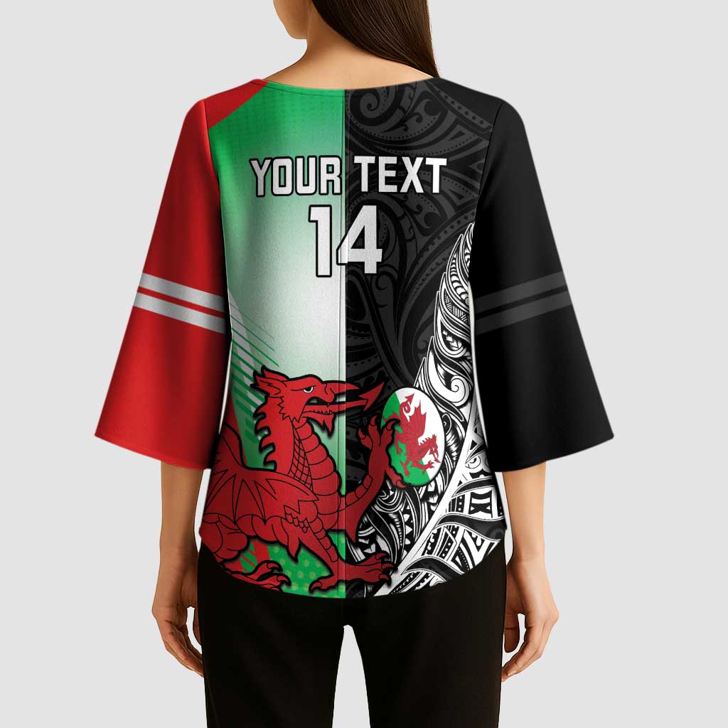 New Zealand and Wales Rugby Custom Kimono Sleeve Blouse Aotearoa All Black Combine Welsh Dragon LT14 - Polynesian Pride