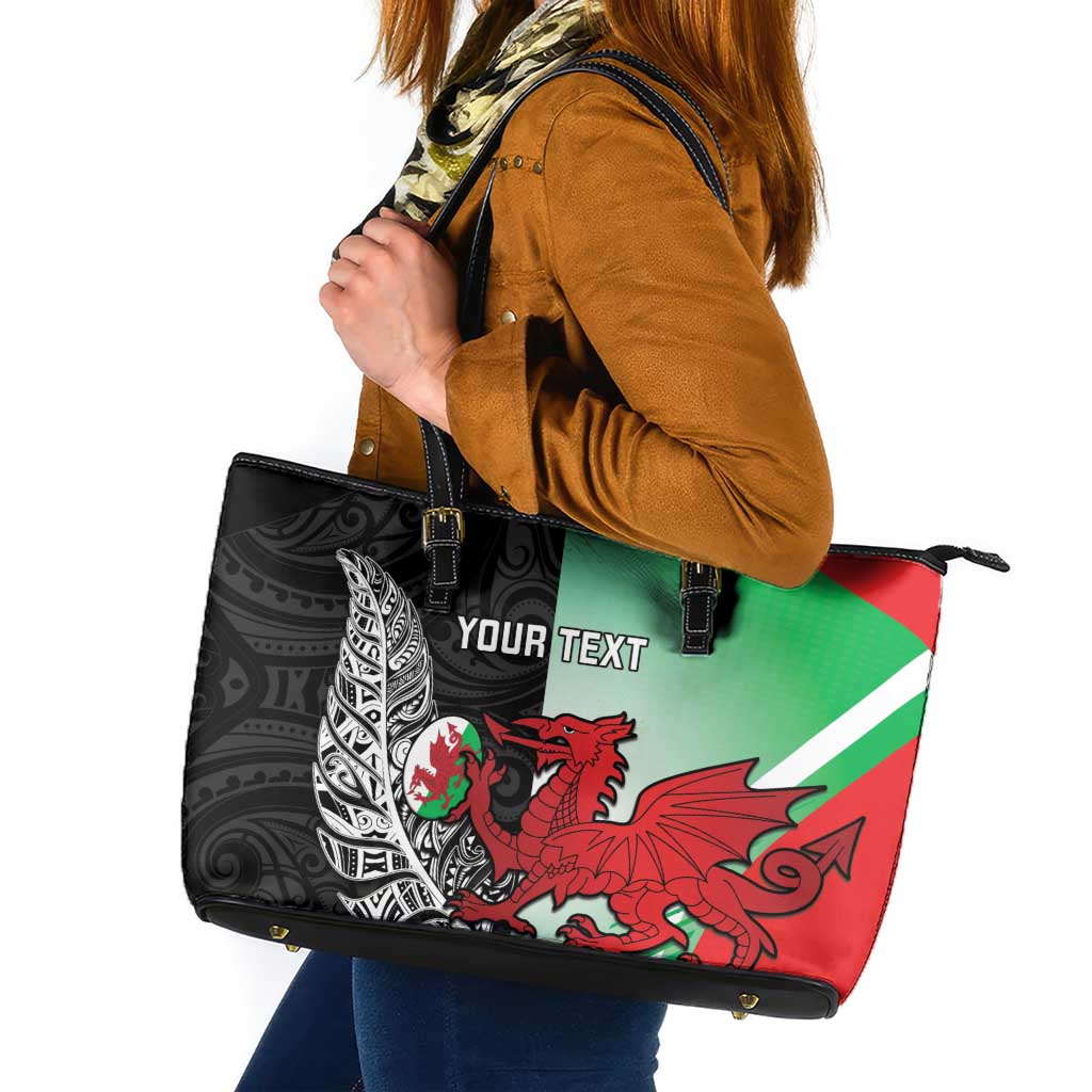 New Zealand and Wales Rugby Custom Leather Tote Bag Aotearoa All Black Combine Welsh Dragon LT14 Black - Polynesian Pride