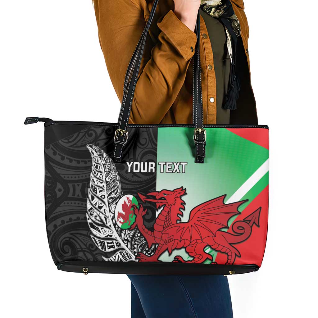 New Zealand and Wales Rugby Custom Leather Tote Bag Aotearoa All Black Combine Welsh Dragon LT14 - Polynesian Pride