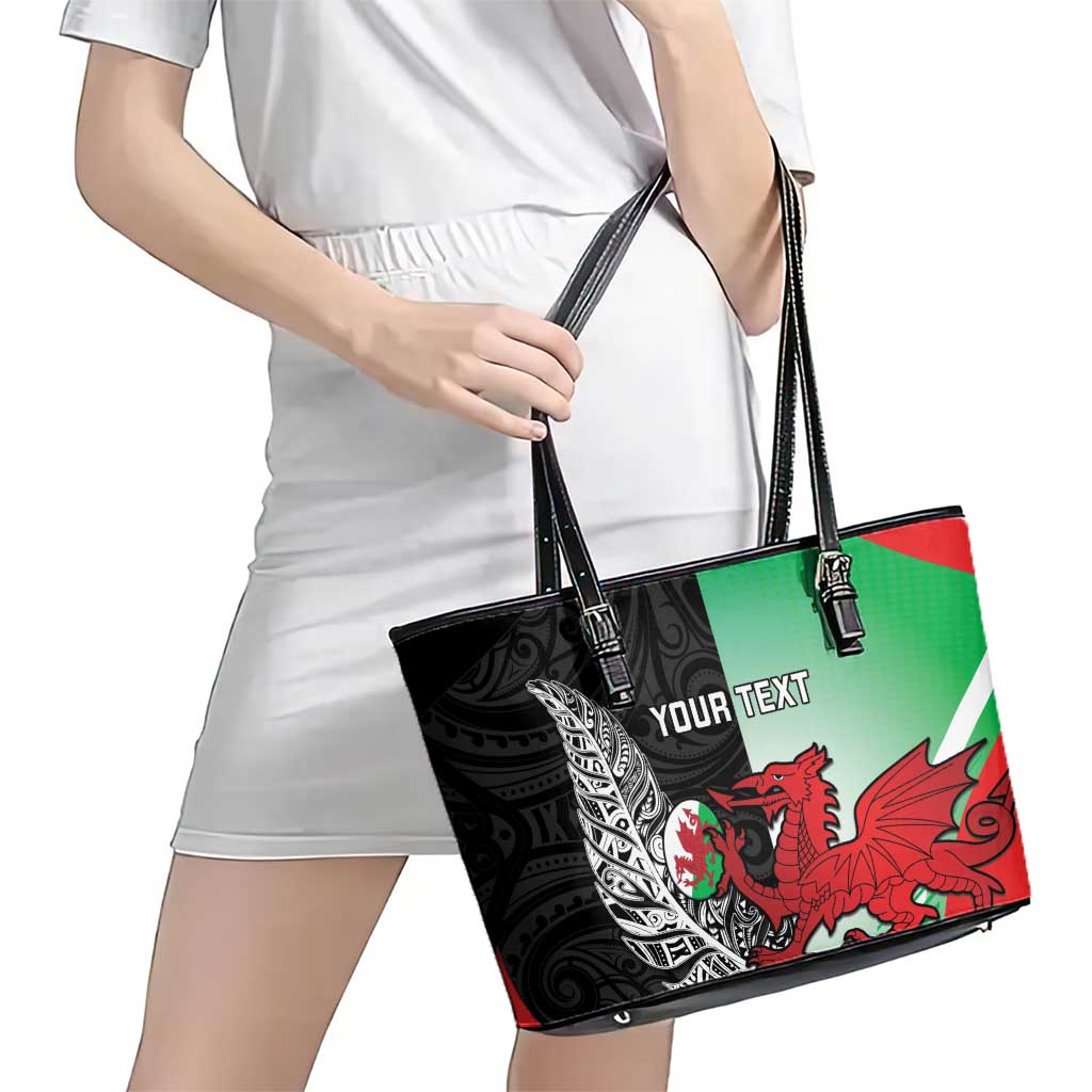 New Zealand and Wales Rugby Custom Leather Tote Bag Aotearoa All Black Combine Welsh Dragon LT14 - Polynesian Pride